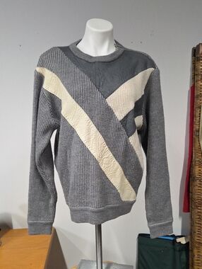 Men's Gray Crewneck Sweater with Cream Diagonal Accents